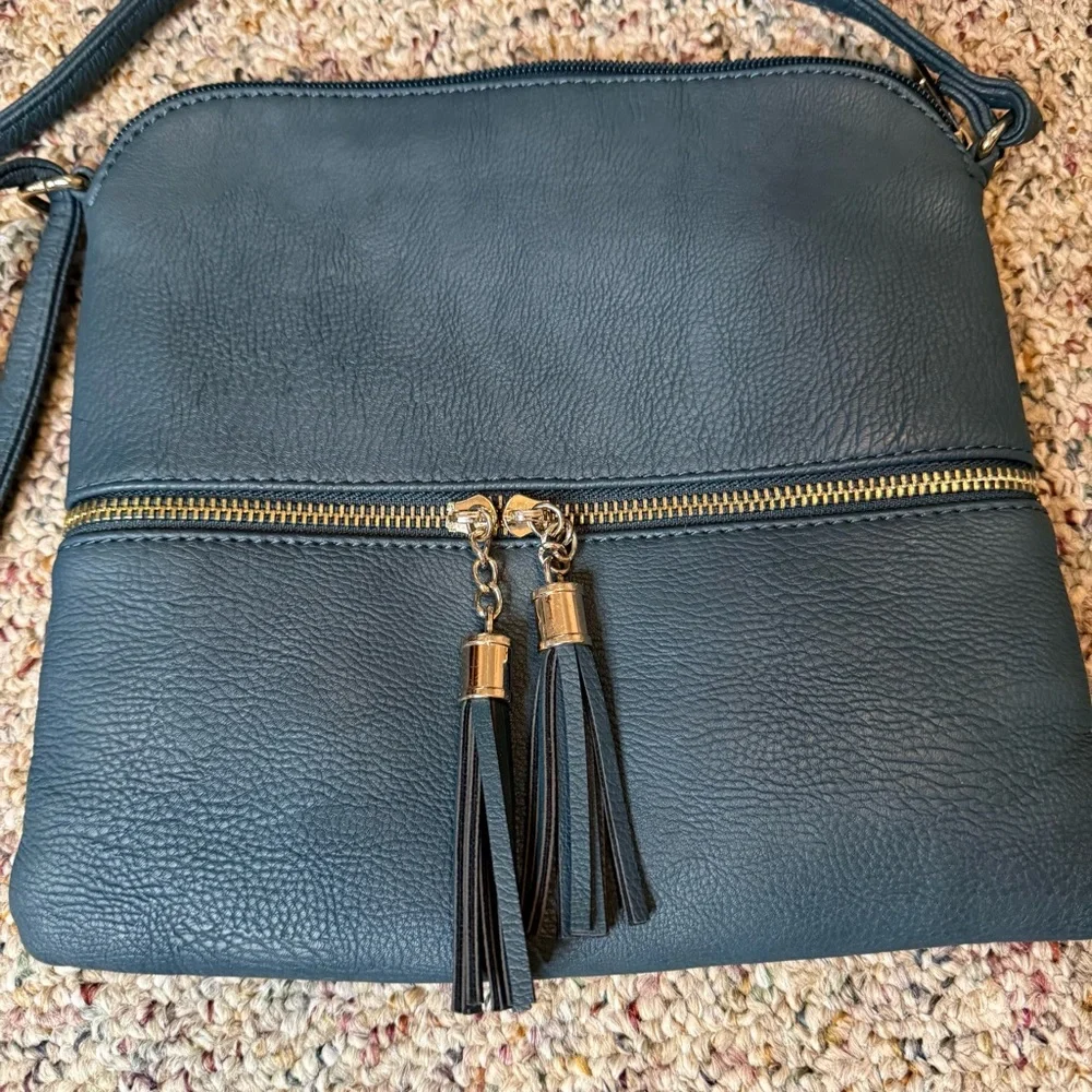 Forest Green Crossbody Purse with zipper tassels